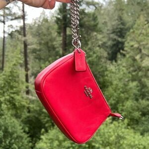 COACH Nolita 15 Red Leather Wristlet w Silver Chain Strap Women's Bag AUTHENTIC